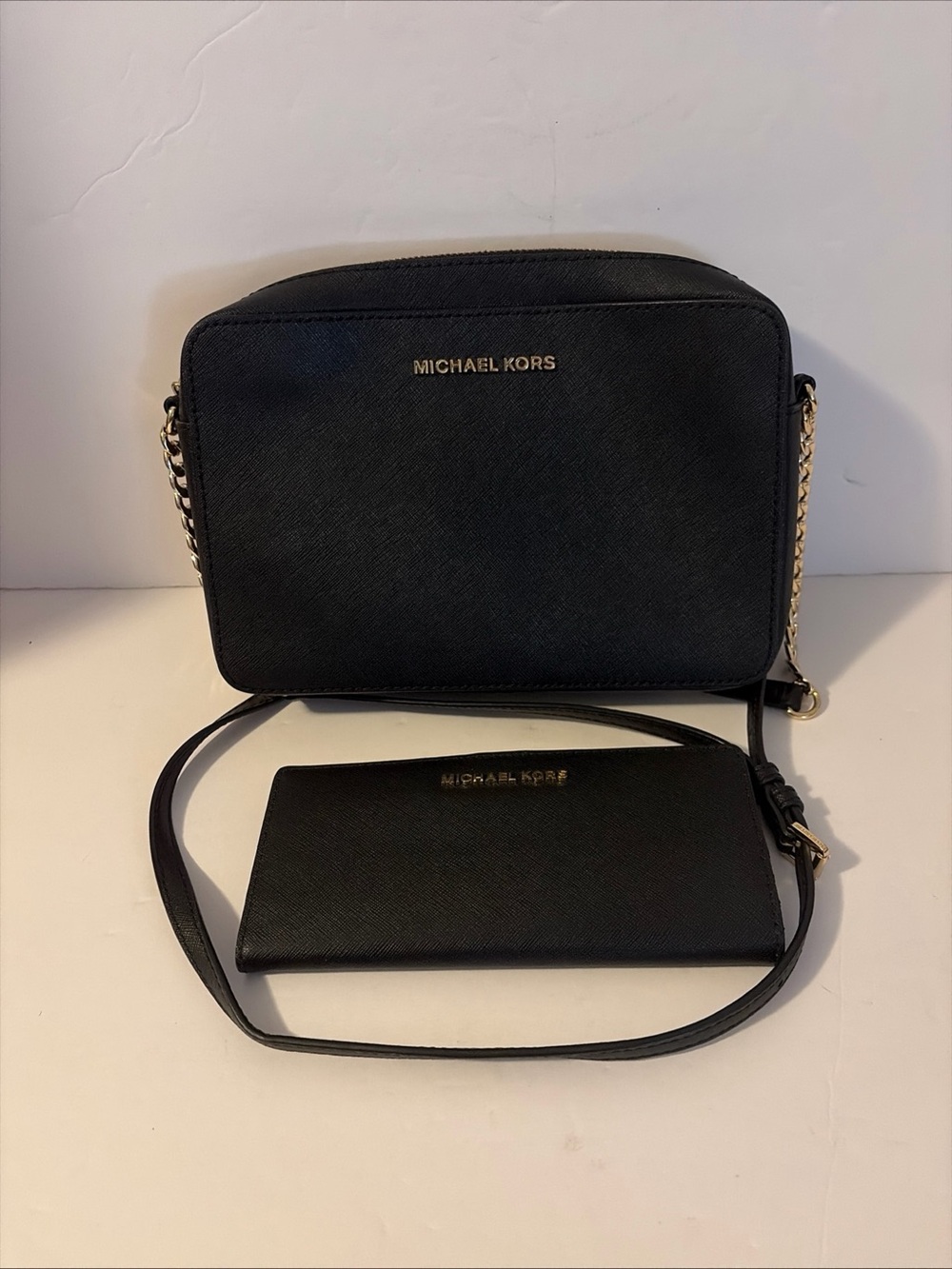 Michael Kors Crossbody Bag & Wallet Set Black Leather Designer